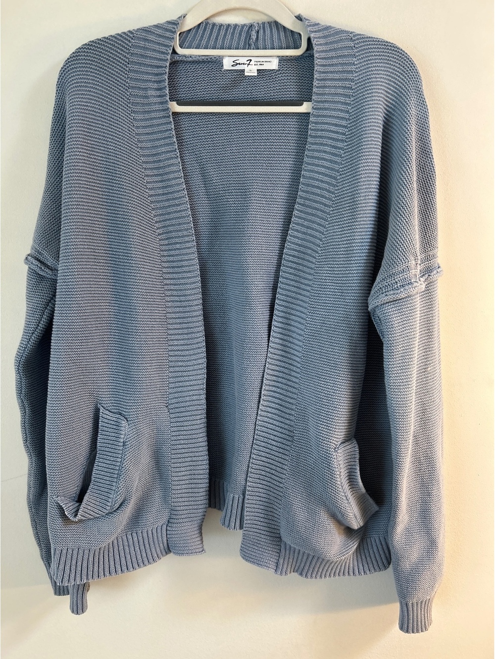 Seven7 Light Blue Cotton Open Front Cardigan Sweater, Size Large